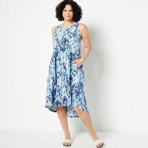 Logo By Lori Goldstein Midi Dress Sleeveless 1X Petite Blue Tie Dye Tiered